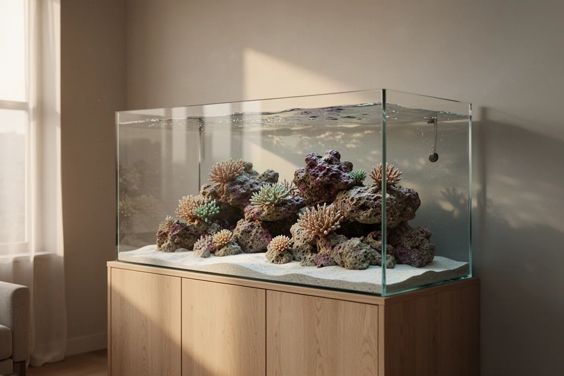 Rimless reef aquarium on a light wood cabinet in a calm modern room