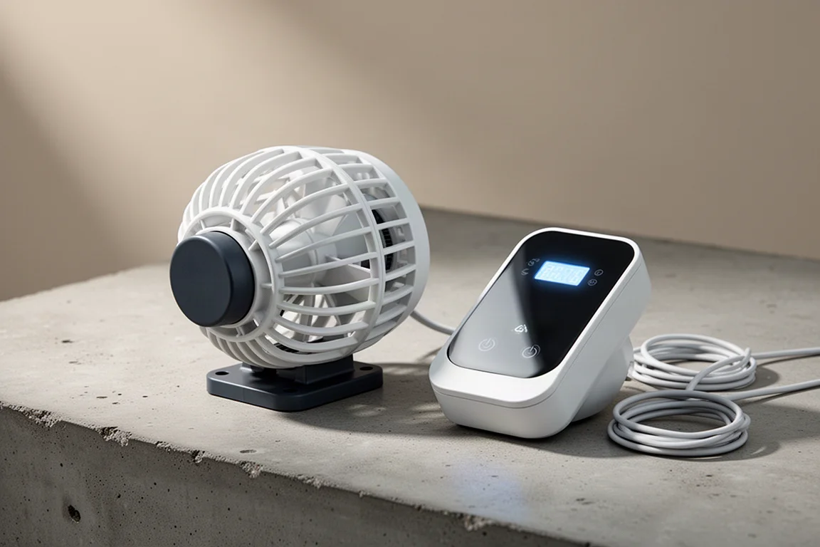 Low-profile aquarium propeller pump beside a white touch controller on a concrete surface