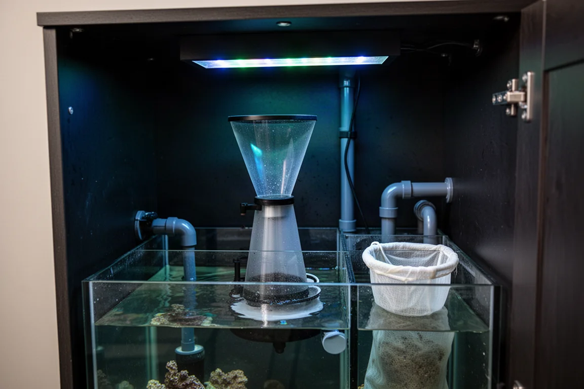 蛋白除沫器立在海水缸底缸隔間中,藍色水族燈光照射下