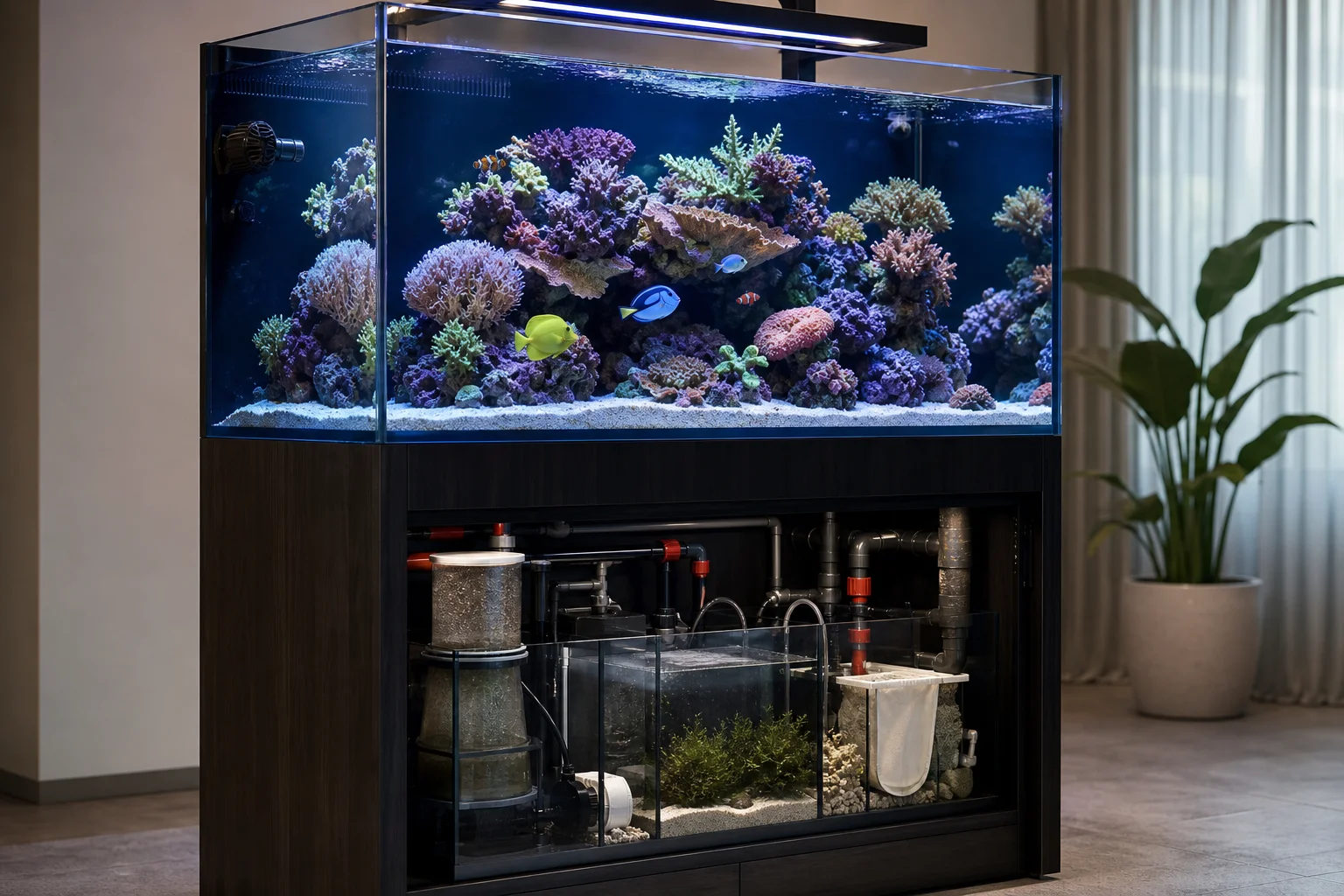 Saltwater reef aquarium with sump system visible below the main tank