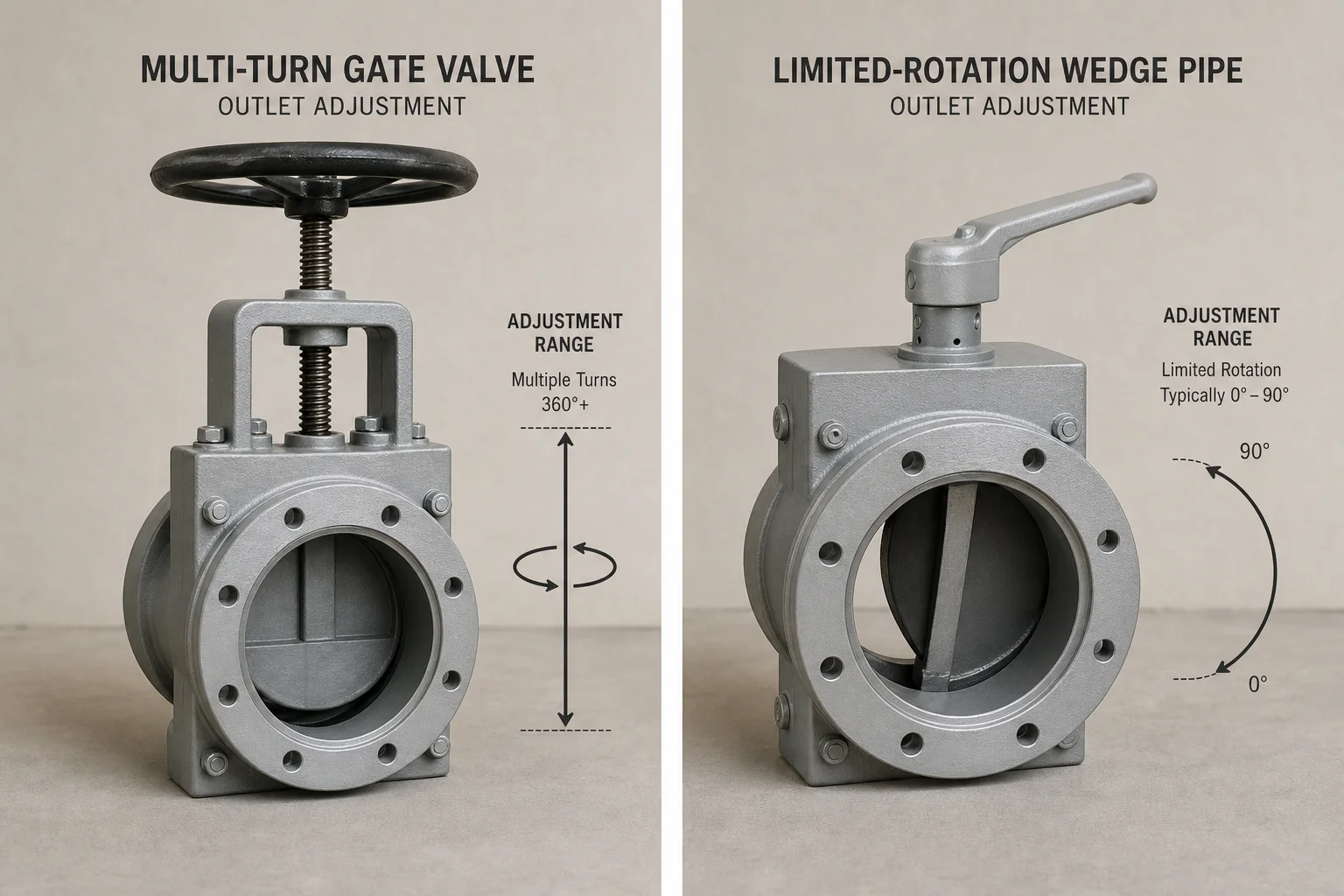 Comparison of gate valve and wedge pipe outlet adjustment mechanisms