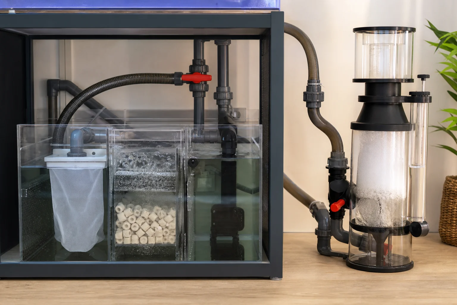 Aquarium sump plumbing with external skimmer positioned beside the tank