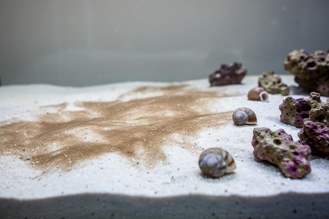 Vista macro de arena de acuario pálida cubierta por una fina película marrón de diatomeas con pequeñas conchas de caracol