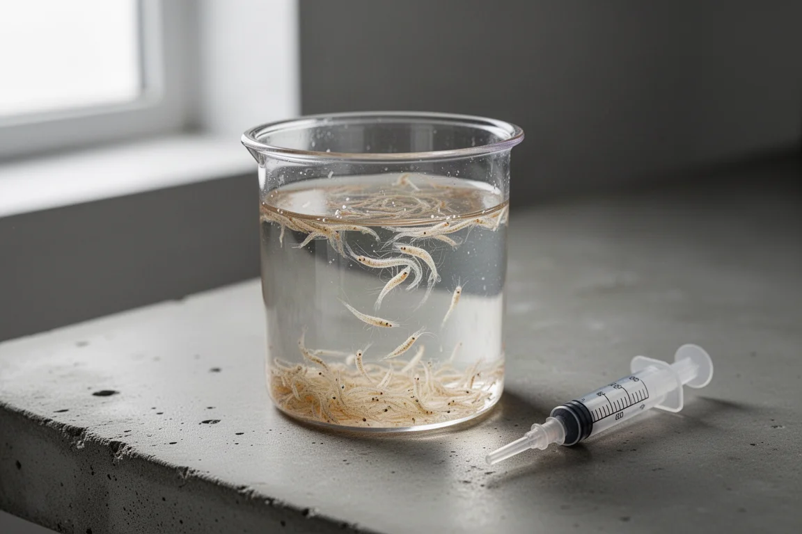 Vaso de muestra con camarones mysis congelados descongelados girando en agua del acuario sobre una encimera de concreto