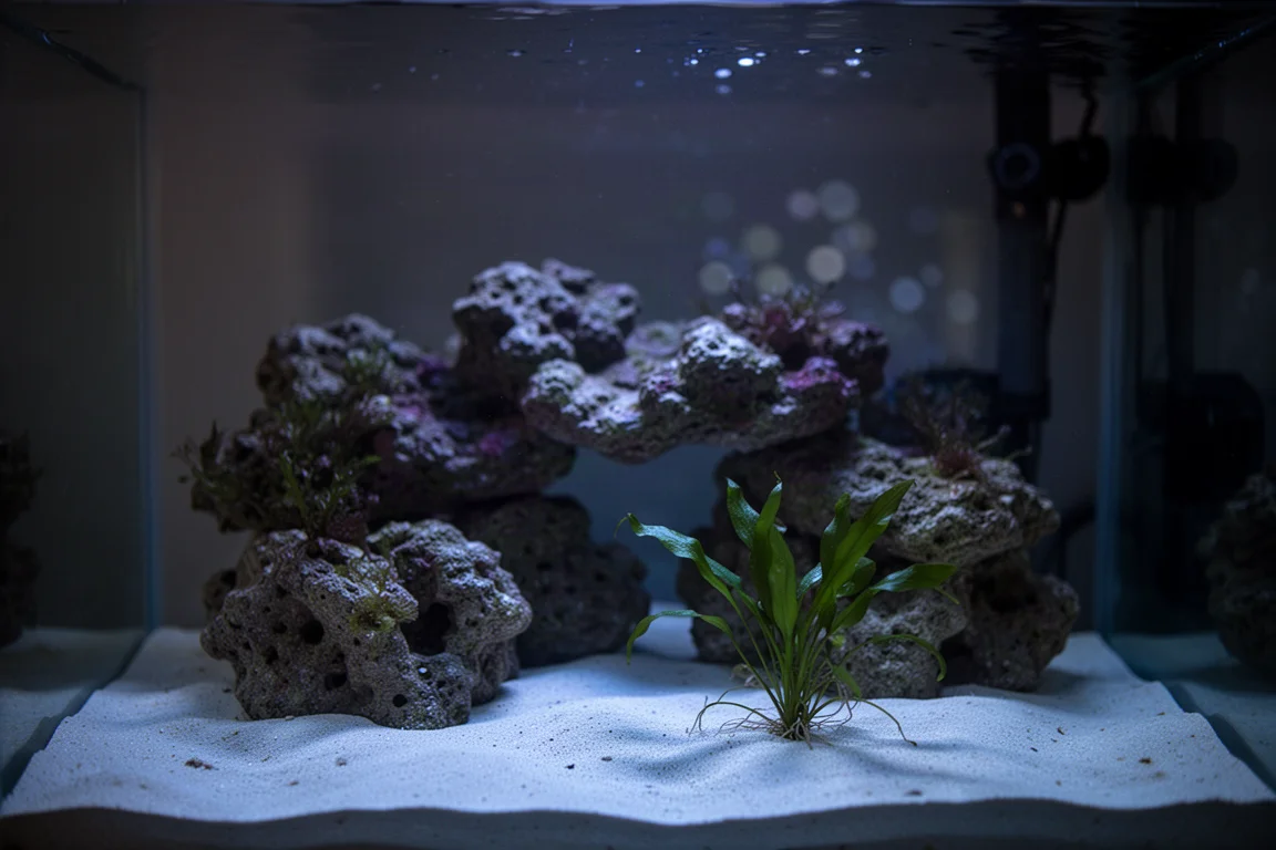 Acuario de arrecife de noche con una tenue iluminación azul sobre roca viva y una macroalga verde enraizada