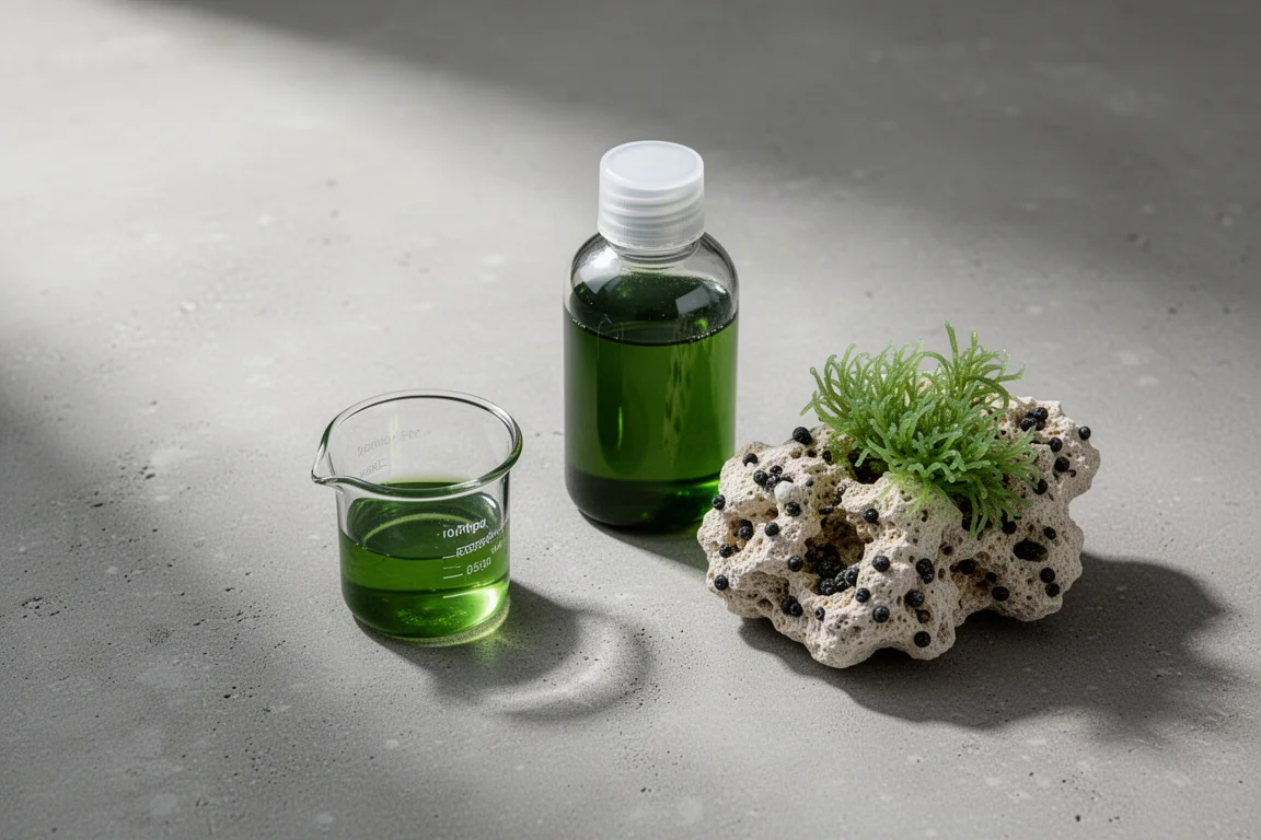 コンクリートの上に置かれたリーフロック、ドーシングカップ、植物プランクトンのボトル、海藻