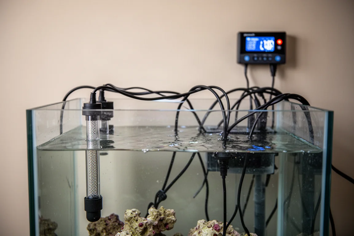 Riffaquarium-Technikkammer mit Heizung und Controller-Kabeln in weichem Licht