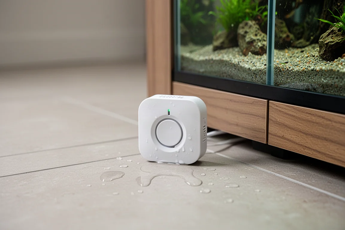 Kompakter Wassermelder auf gefliestem Boden mit Wassertropfen nahe dem Aquarienschrank