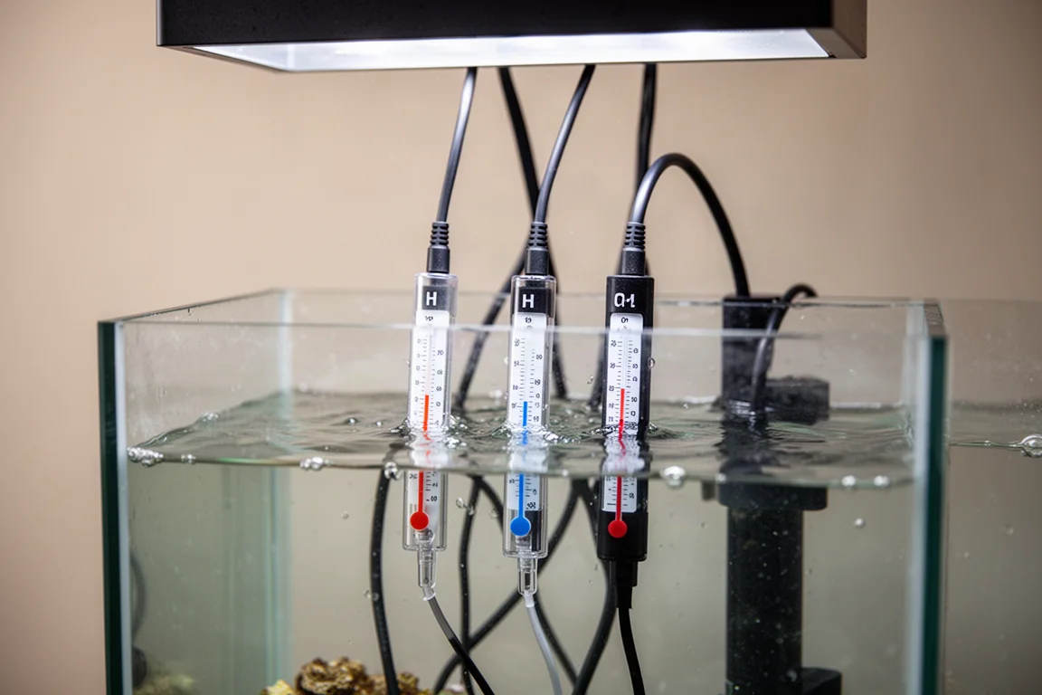 Aquarium-Überwachungssonden für pH-Wert und Salinität in einer Technikkammer eingetaucht