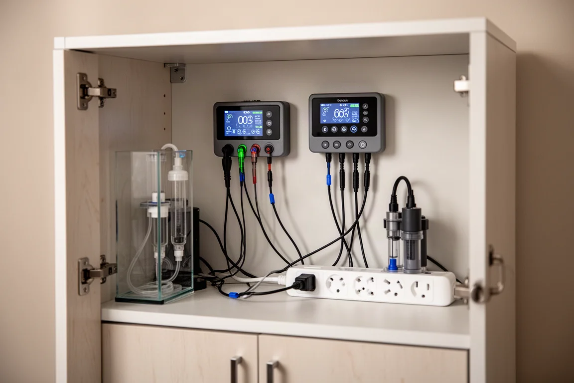 Modularer Aquarium-Controller in einem ordentlichen Riffbecken-Schrank montiert