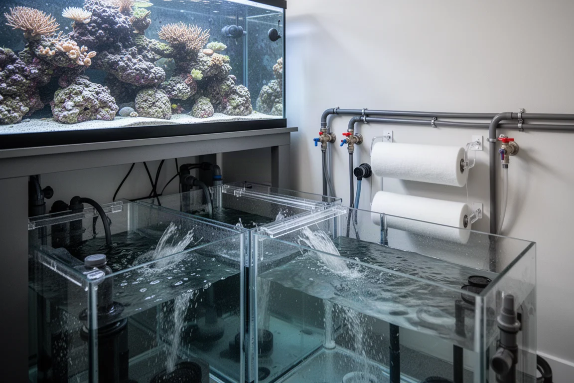 Locale sump sotto un grande acquario di barriera con camere in acrilico, unità a rullo e impianto idraulico a parete