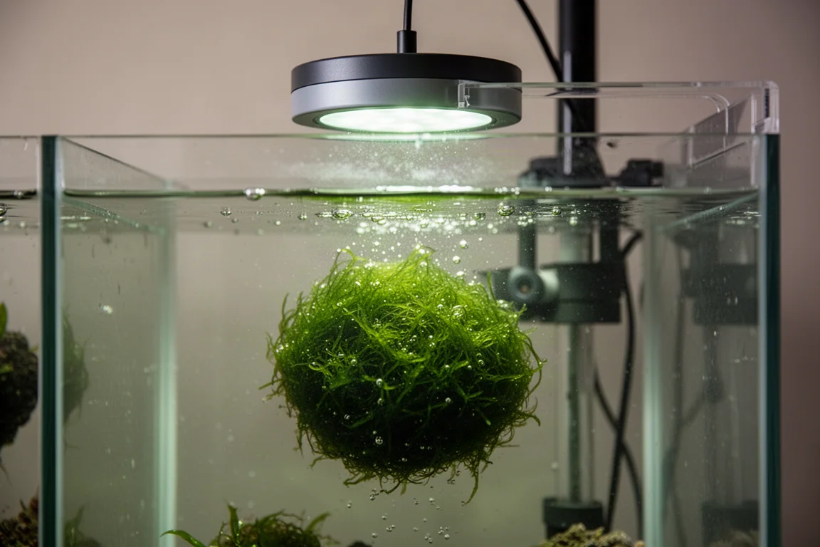 Camera refugium illuminata con una palla di macroalghe verdi che ruota sotto una compatta plafoniera LED