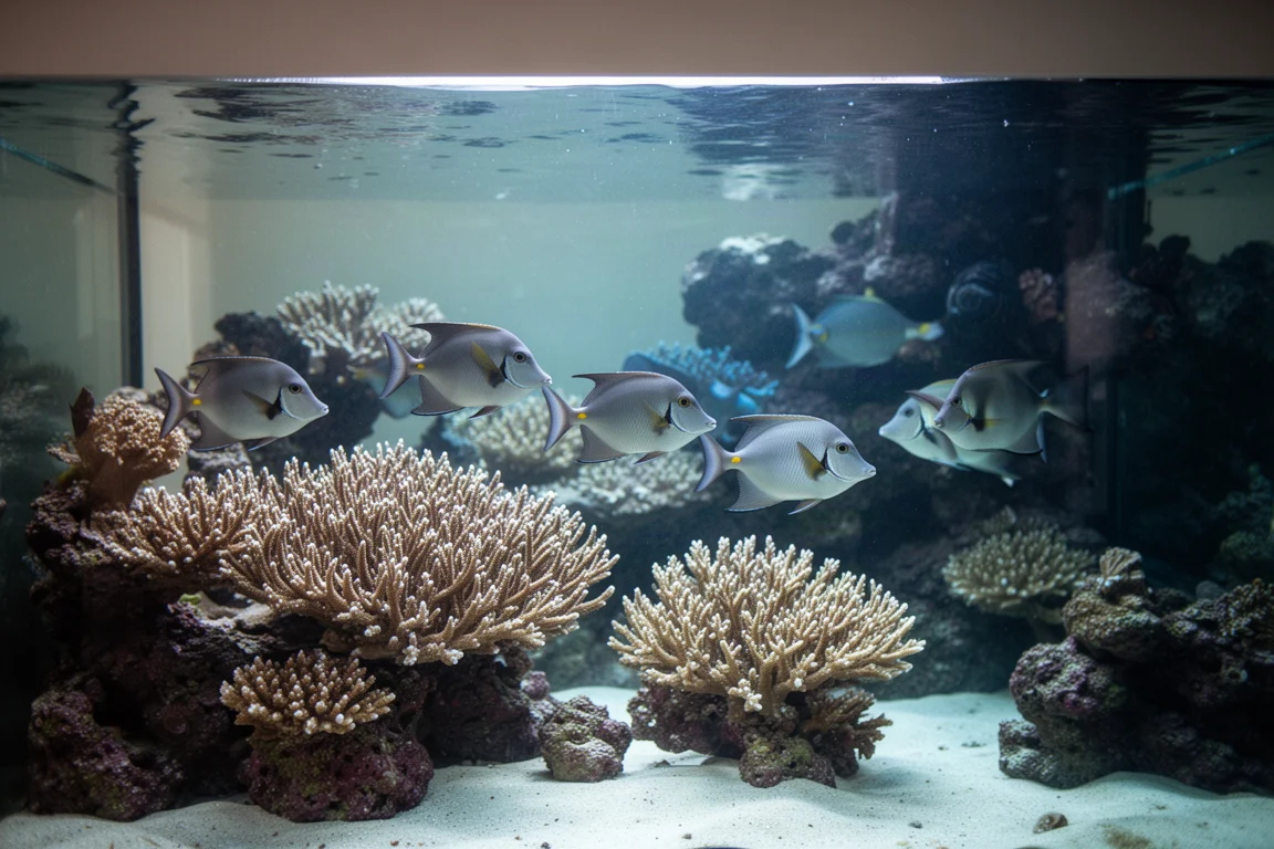 Tang che nuotano oltre colonie di coralli ramificati in un grande acquario di barriera