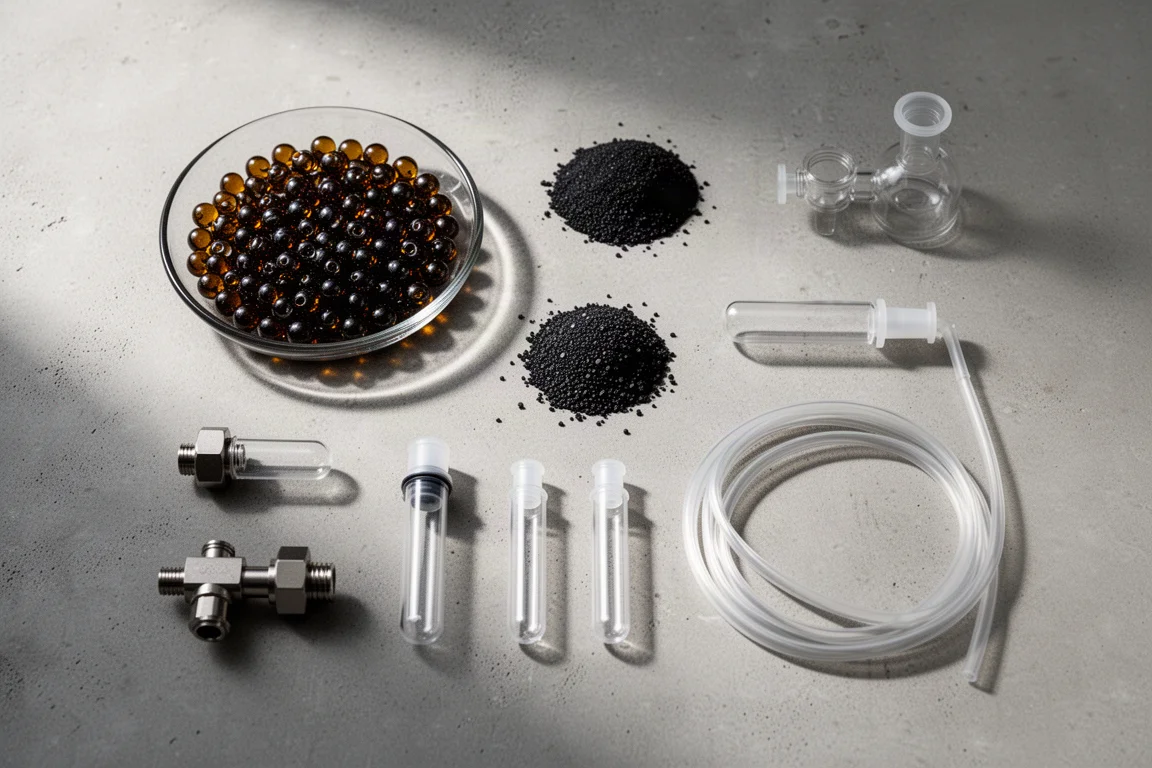 Disposizione piatta di materiali filtranti per acquario, perle di resina, granuli di carbone e tubi su cemento
