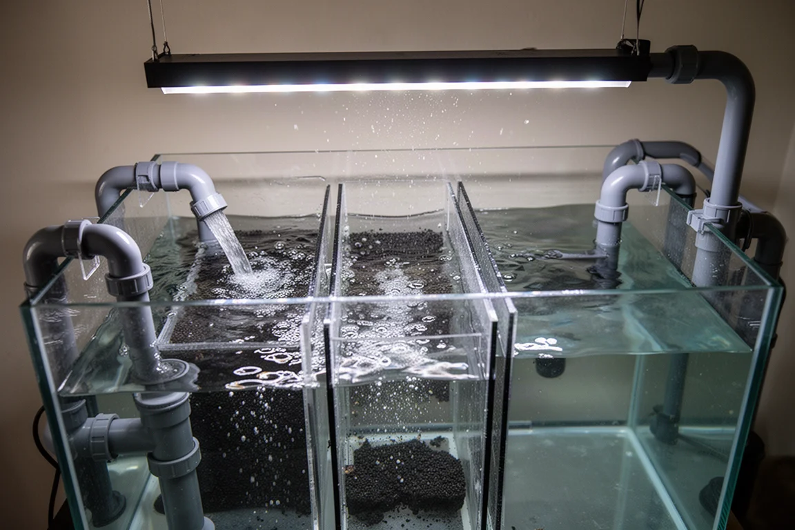 Sump de aquário de recife com água fluindo por câmaras de filtragem abertas