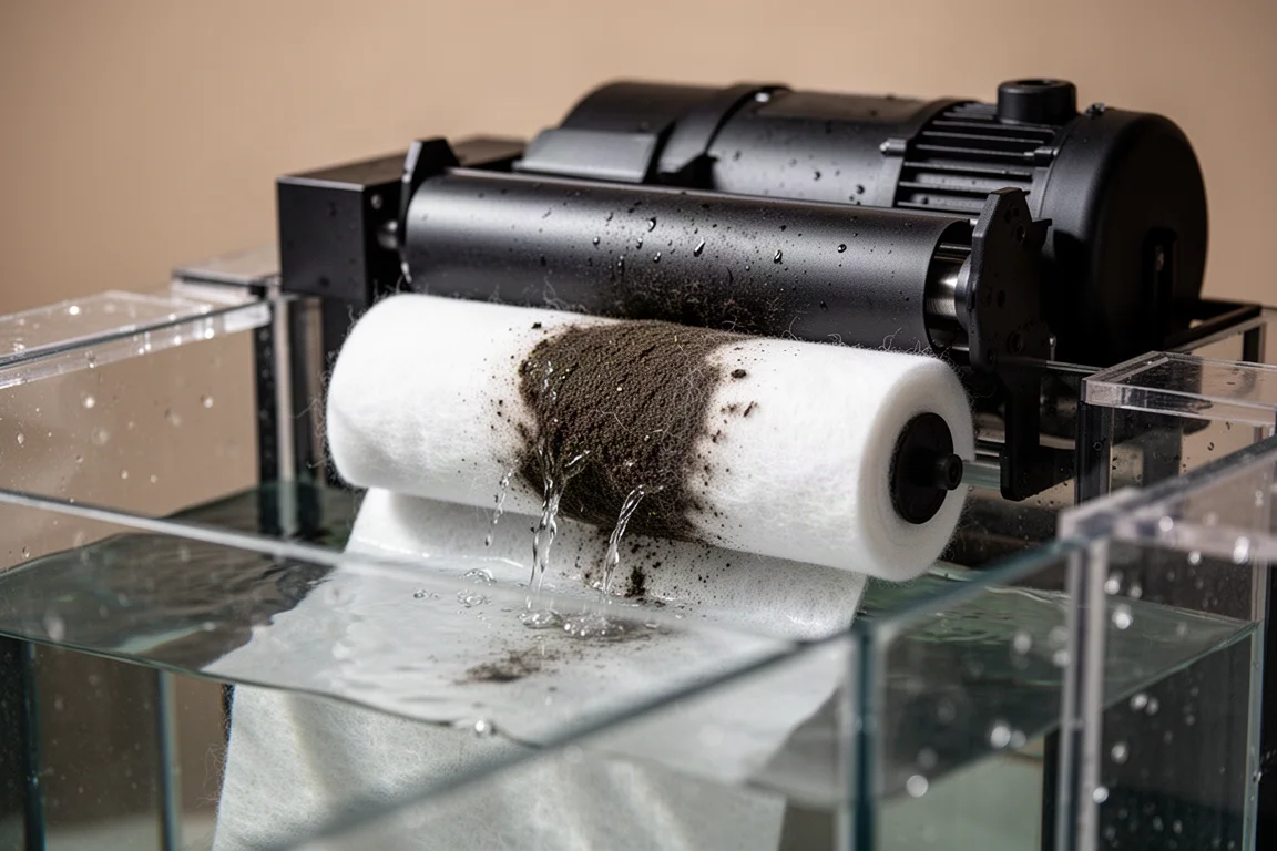 Rolo automático de fleece dentro de um sump com fleece escurecido retendo resíduos