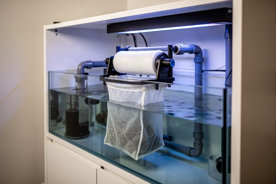 Sump com suporte de meia de filtro de quatro polegadas convertido em filtração automática de fleece