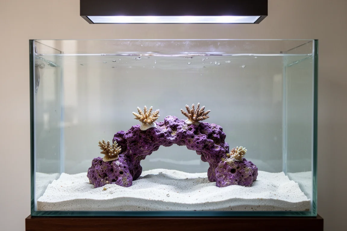 剛設好、鋪著砂子的水族箱中,帶紫紅色調的拱形造景石結構