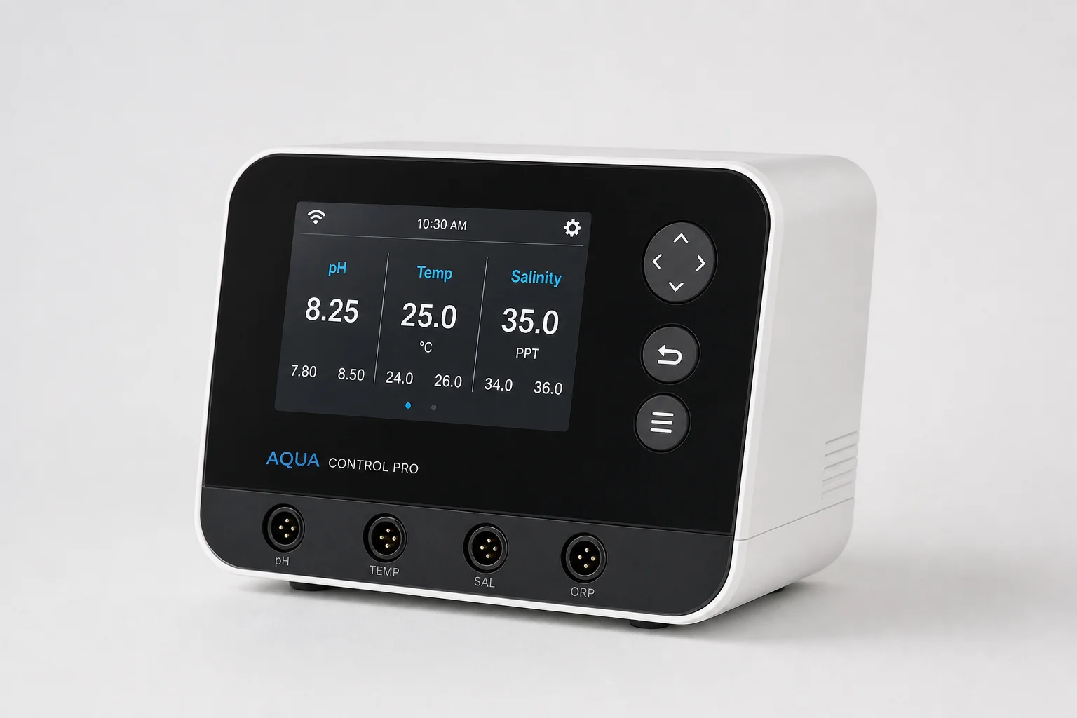 ReefControl 水族控制器，配備數位顯示螢幕，置於中性背景上