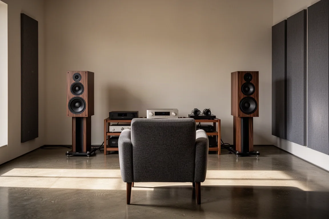 Listening room seen from behind an armchair with two large speakers and an equipment rack