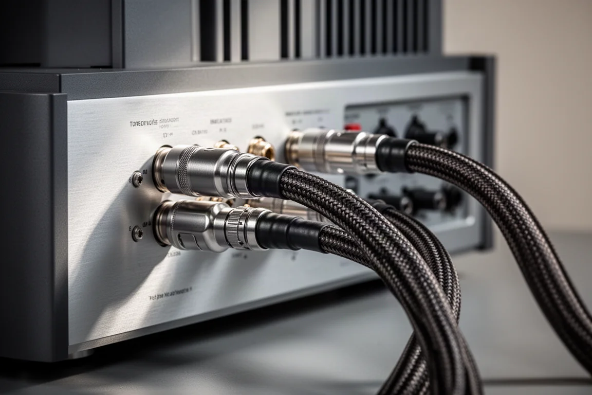 Heavy braided speaker cables connected to the rear panel of a large power amplifier