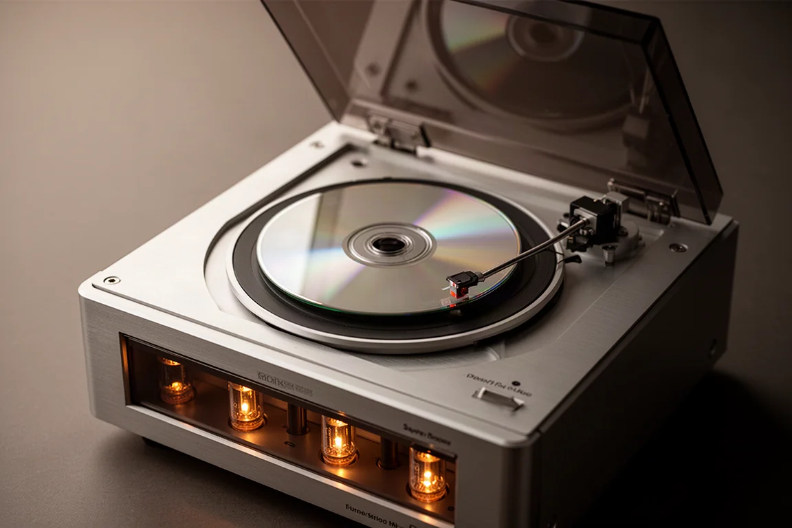 Open top-loading CD player with a disc resting on the spindle and tubes glowing behind the panel