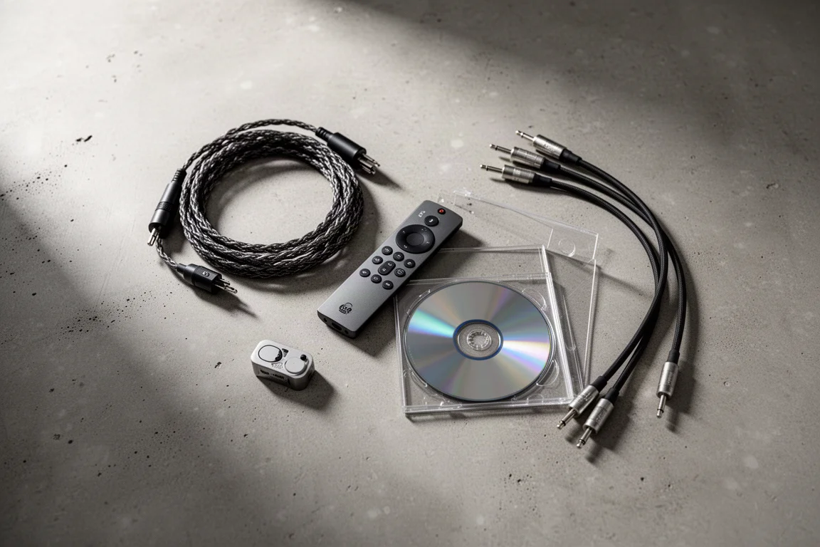 Flat-lay of hi-fi accessories including a power cable, a remote control, and a CD case