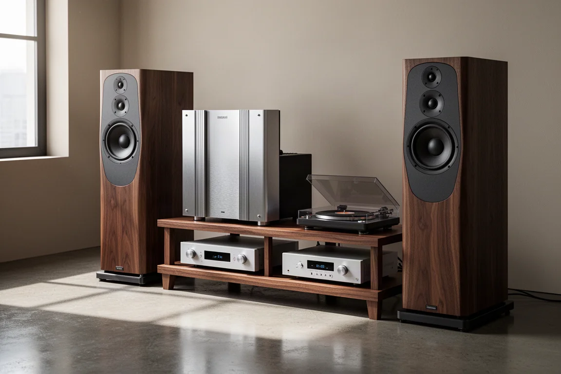 High-end audio system with bookshelf speakers, amplifier, and disc player on a wooden rack