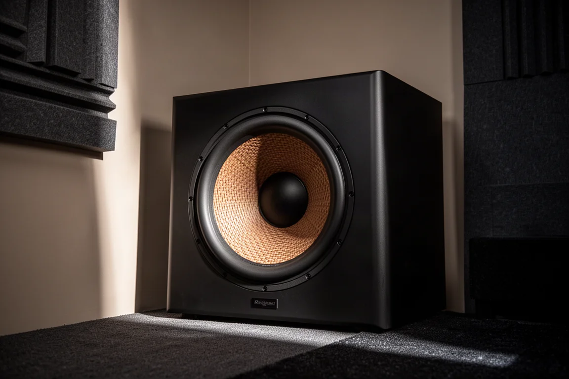 Stor subwoofer i ett dunkelt hemmabiohörn med ljus som stryker över konen
