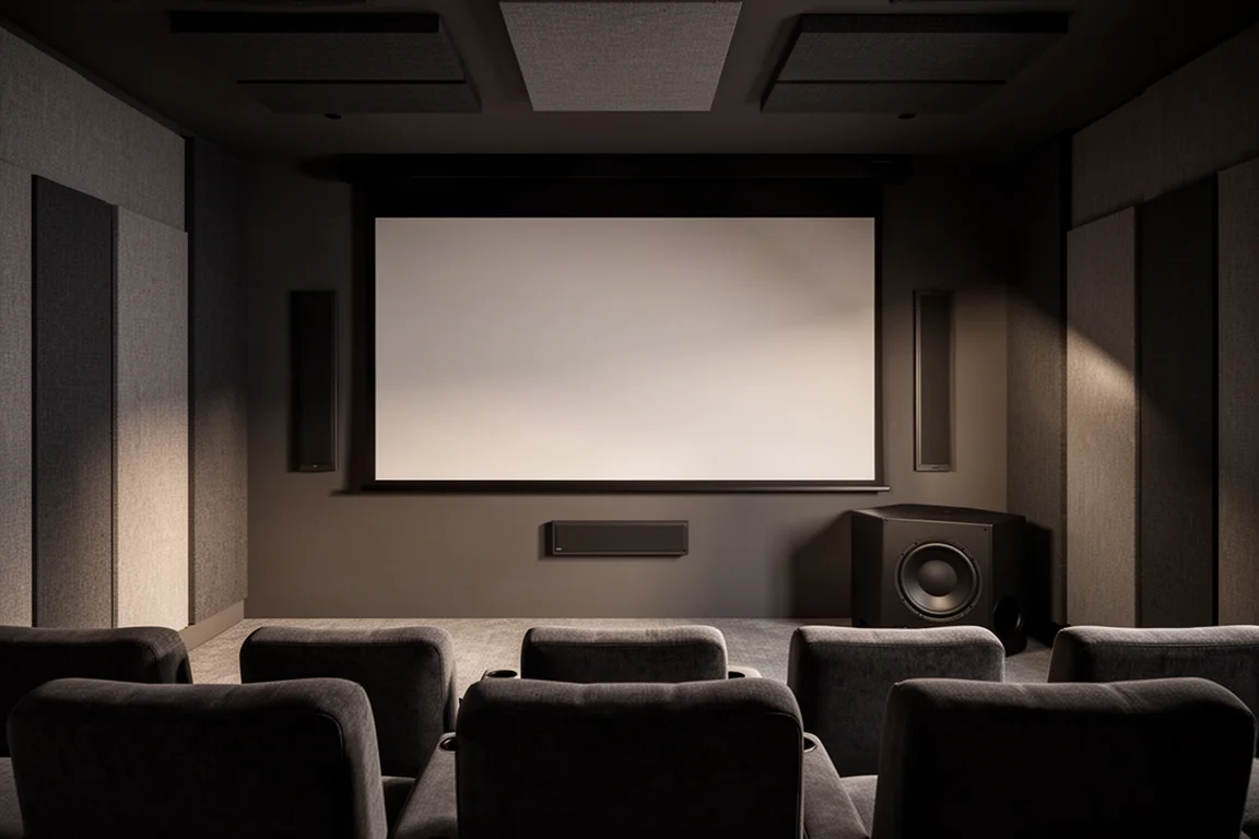 Treated home theater with retractable screen, in-wall speakers, and large subwoofer