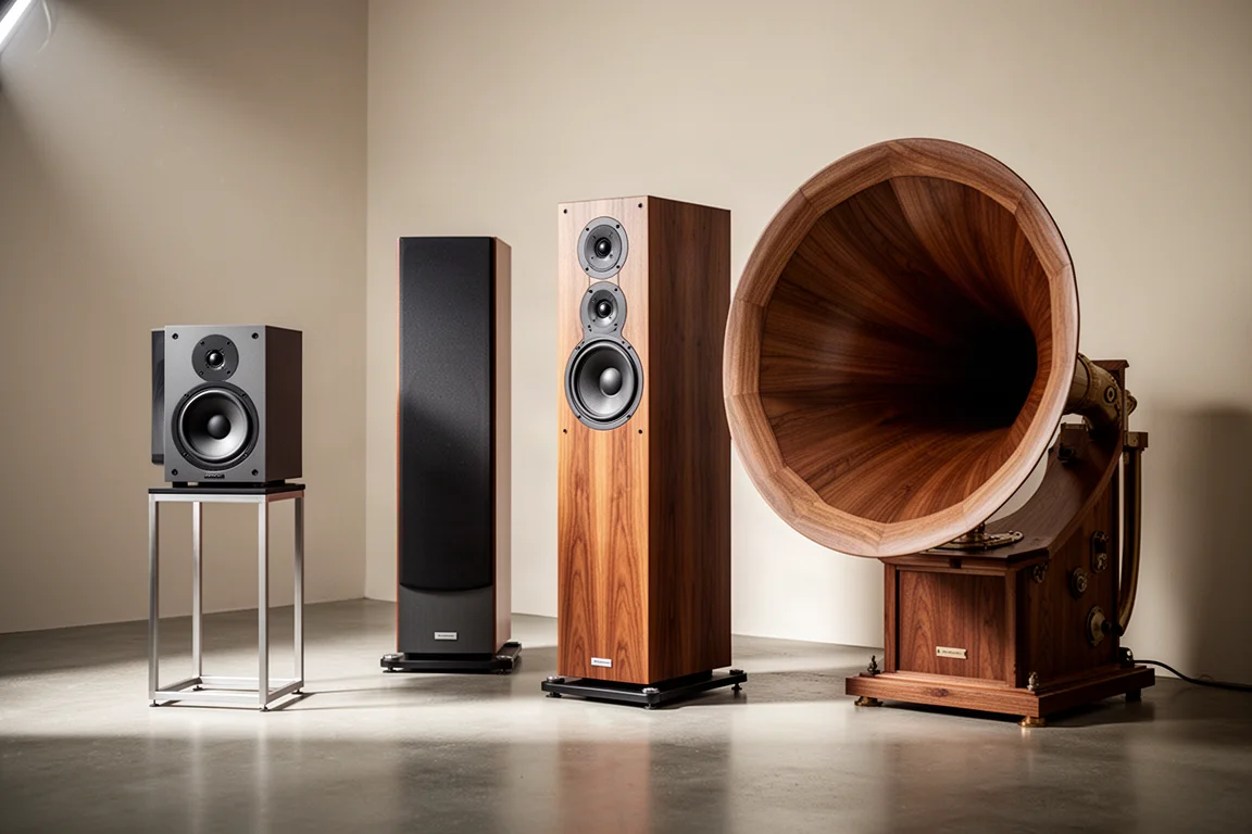 Three high-end loudspeakers arranged on a concrete floor in a minimal listening room