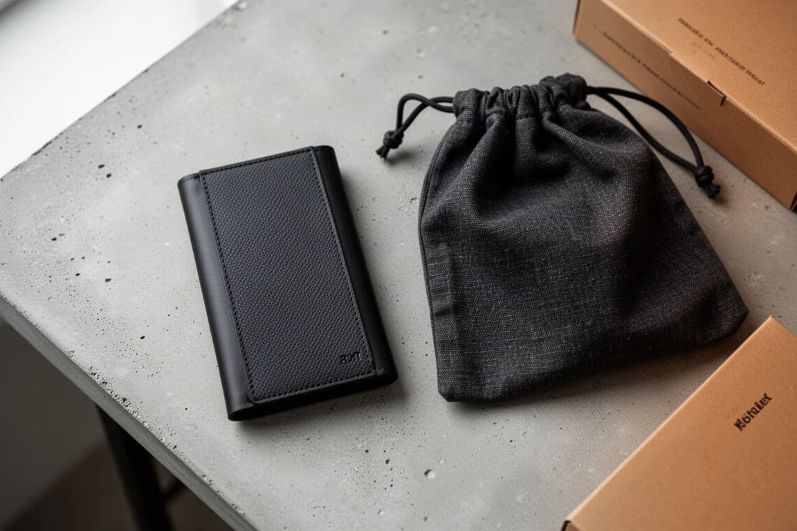 Cartera minimalista negra texturizada sobre un escritorio de hormigón junto a una bolsa de tela
