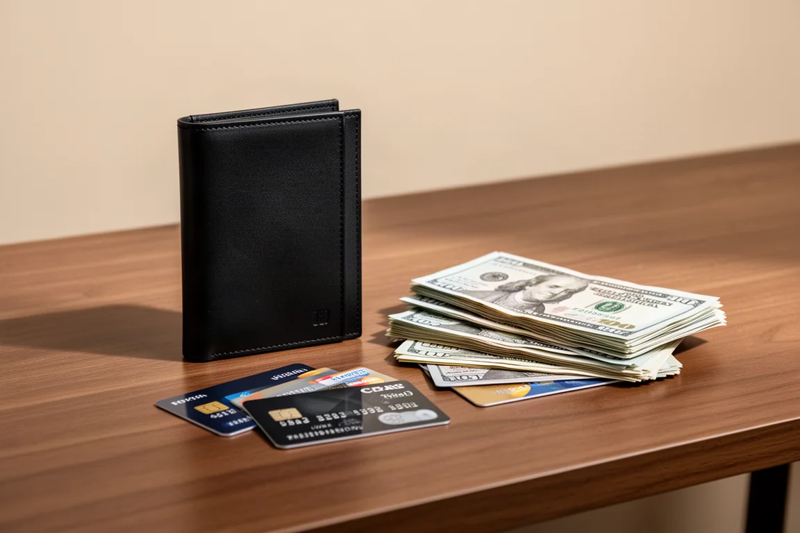 Cartera completamente cargada con tarjetas y billetes doblados sobre un escritorio