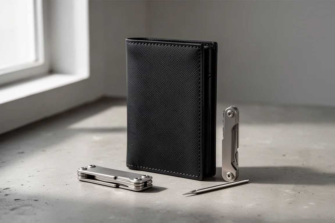 Portafoglio minimalista in pelle nera con attrezzi in titanio su una superficie in cemento