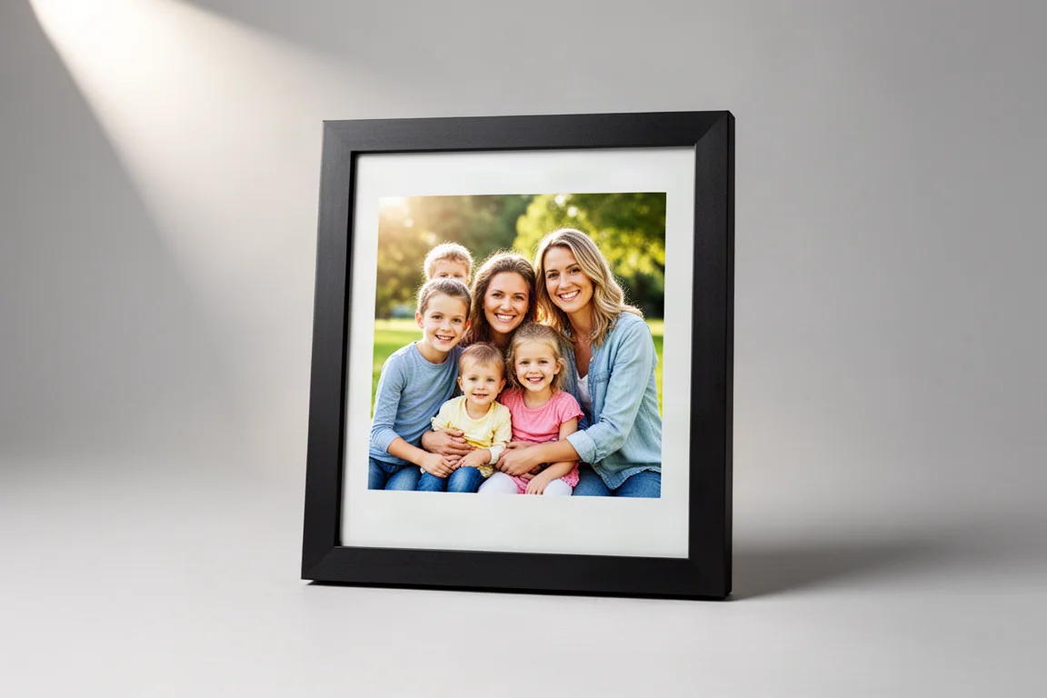 Drei E-Paper-Bilderrahmen zeigen Familienfotos auf einem Holzregal