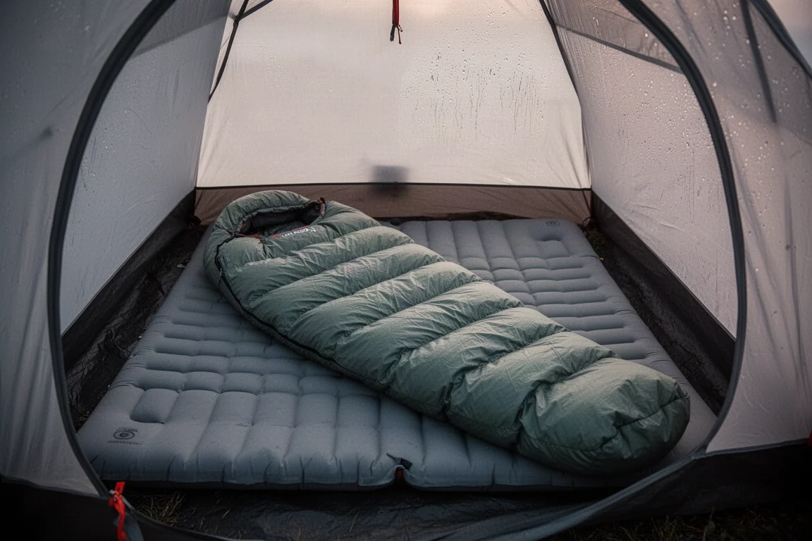 Top Quilt über einer isolierten Schlafmatte in einem Zelt im Morgengrauen