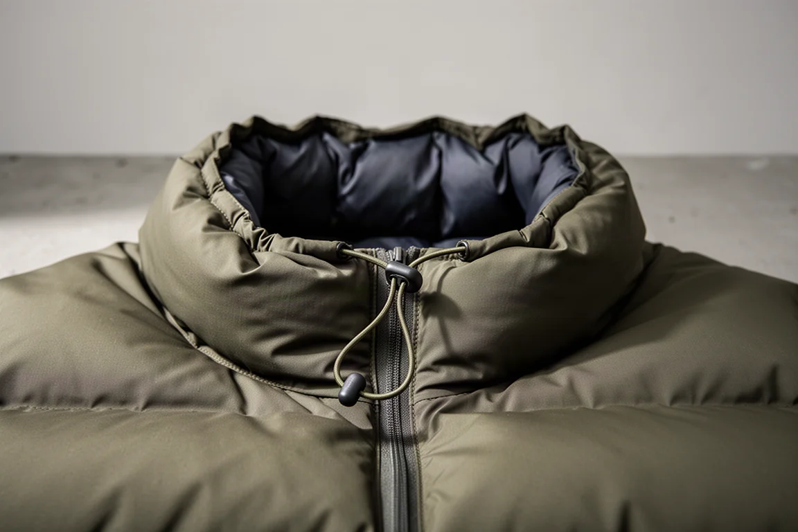 Nahaufnahme eines Quilt-Draft-Collar-Kordelzugs mit baffled Daunenkonstruktion