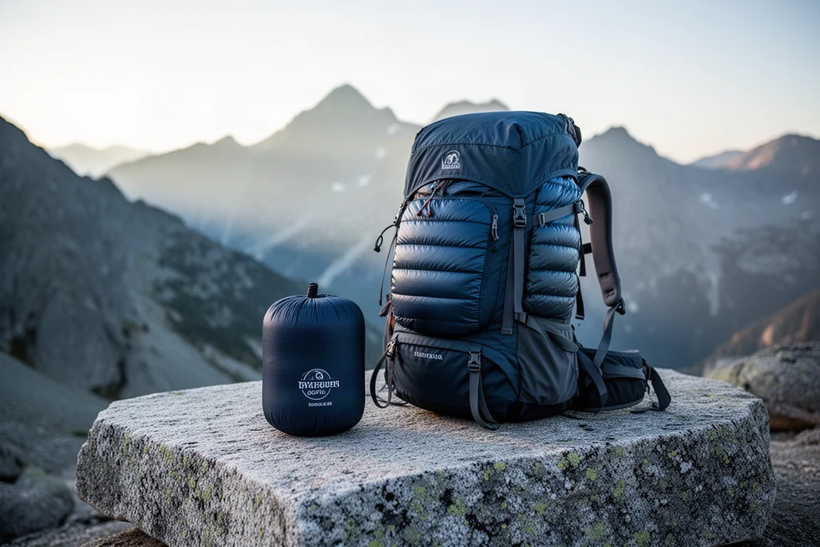 Gepackter Top Quilt im Stuff Sack neben einem Rucksack auf Fels bei Sonnenaufgang