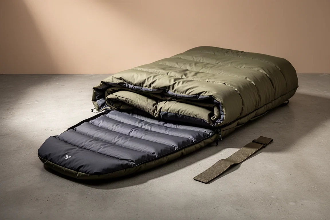 Folded olive down top quilt with boxed foot box and pad strap on concrete