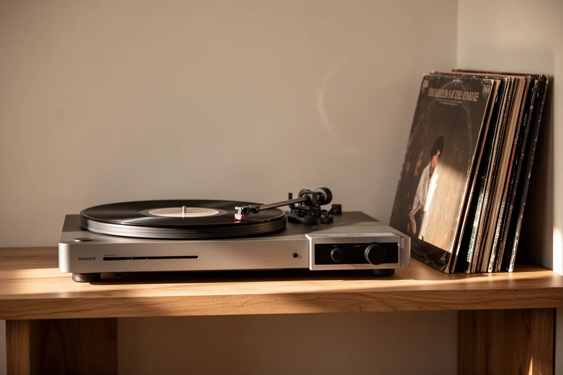 Plattenspieler und Vollverstärker auf einem Holzregal mit Schallplatten in der Nähe