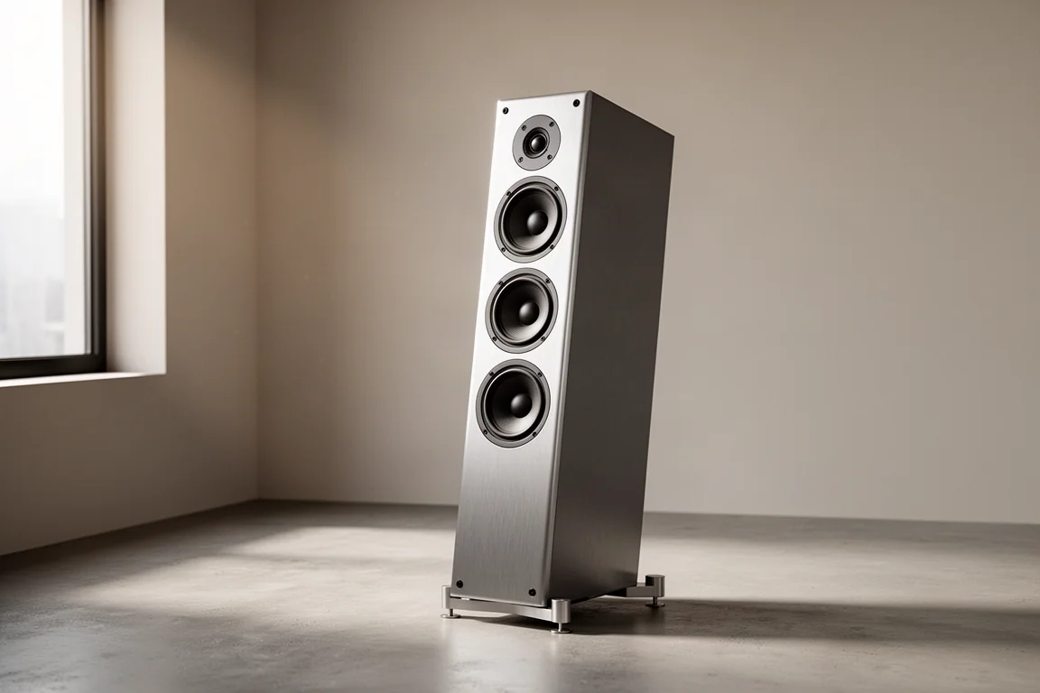 Slim floorstanding loudspeaker with a brushed aluminium baffle standing in a minimal room