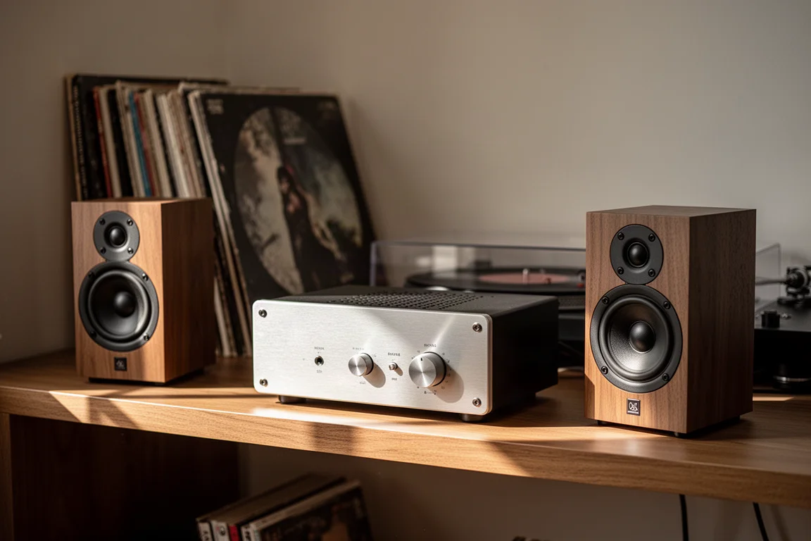 Kompakt hi-fi-förstärkare på en låg trähyla mellan två små högtalare