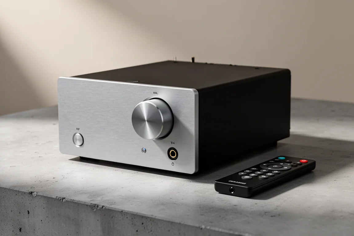 Compact integrated amplifier with aluminium fascia and remote control on concrete surface