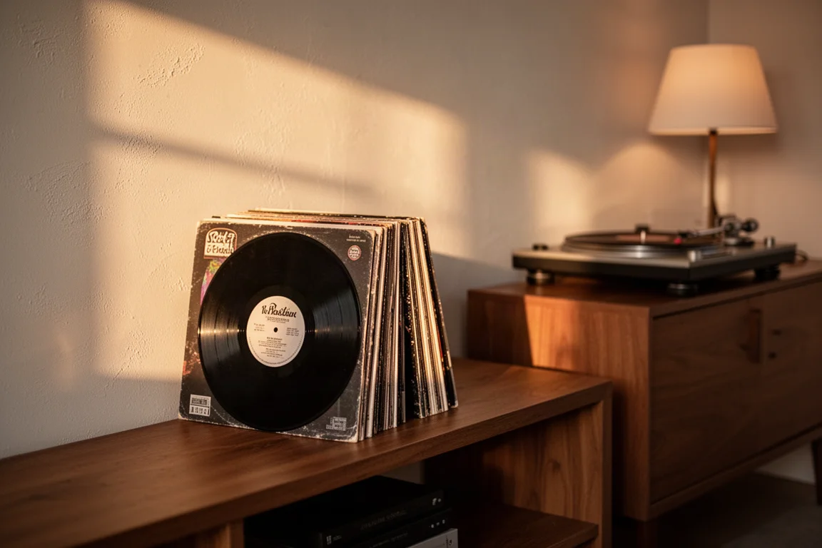 Discos de vinil encostados em uma prateleira em uma sala de audição acolhedora com um toca-discos por perto