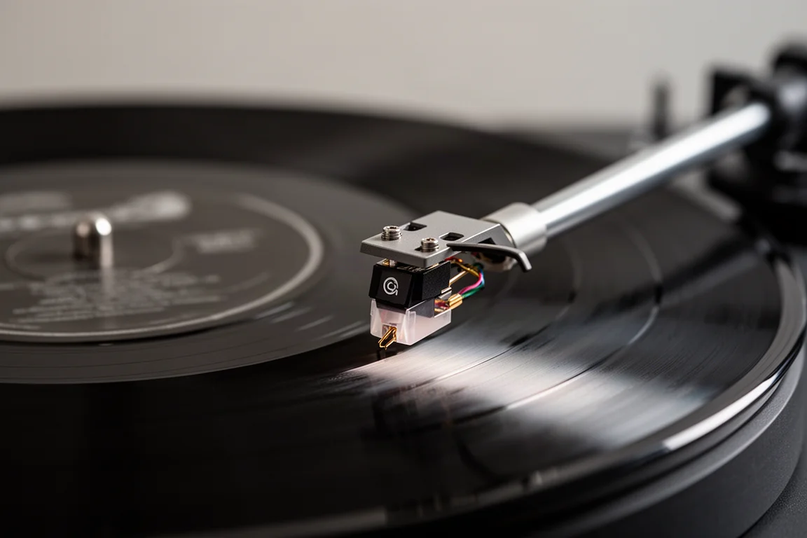 Close-up de um braço de toca-discos e uma cápsula acompanhando um disco de vinil girando