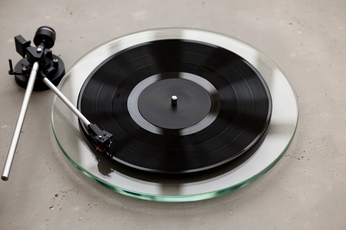 Vista de cima de um disco de vinil girando sobre um prato de vidro transparente