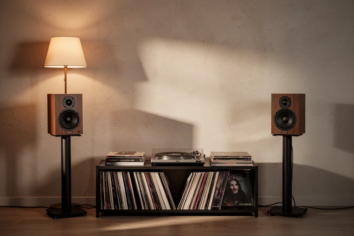 Sala de audição à noite com caixas, uma estante de discos e luz ambiente acolhedora