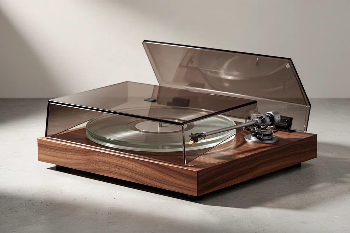 Belt-drive turntable with walnut-effect plinth and smoky glass dust cover on concrete
