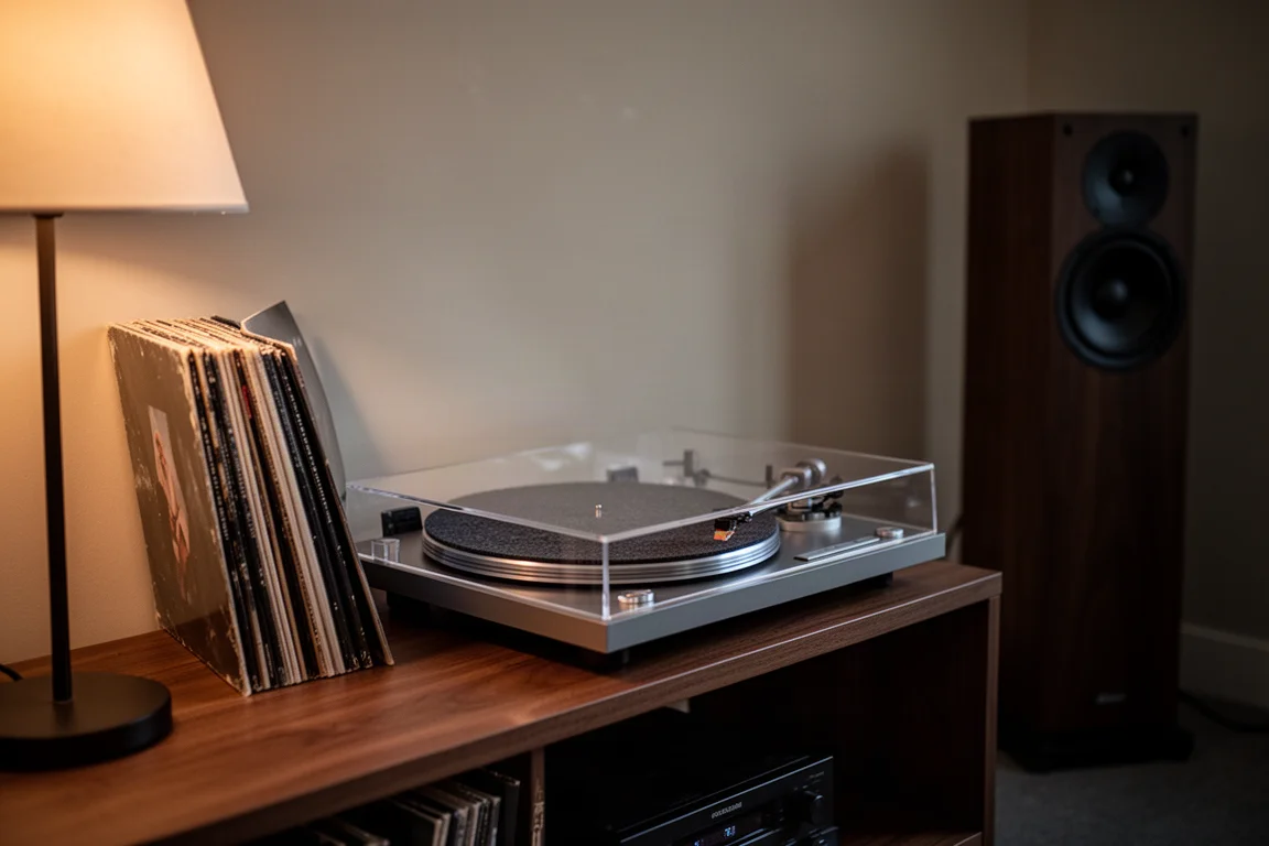 Luisterruimte met een platenspeler op een houten plank en vinylplaten in de buurt