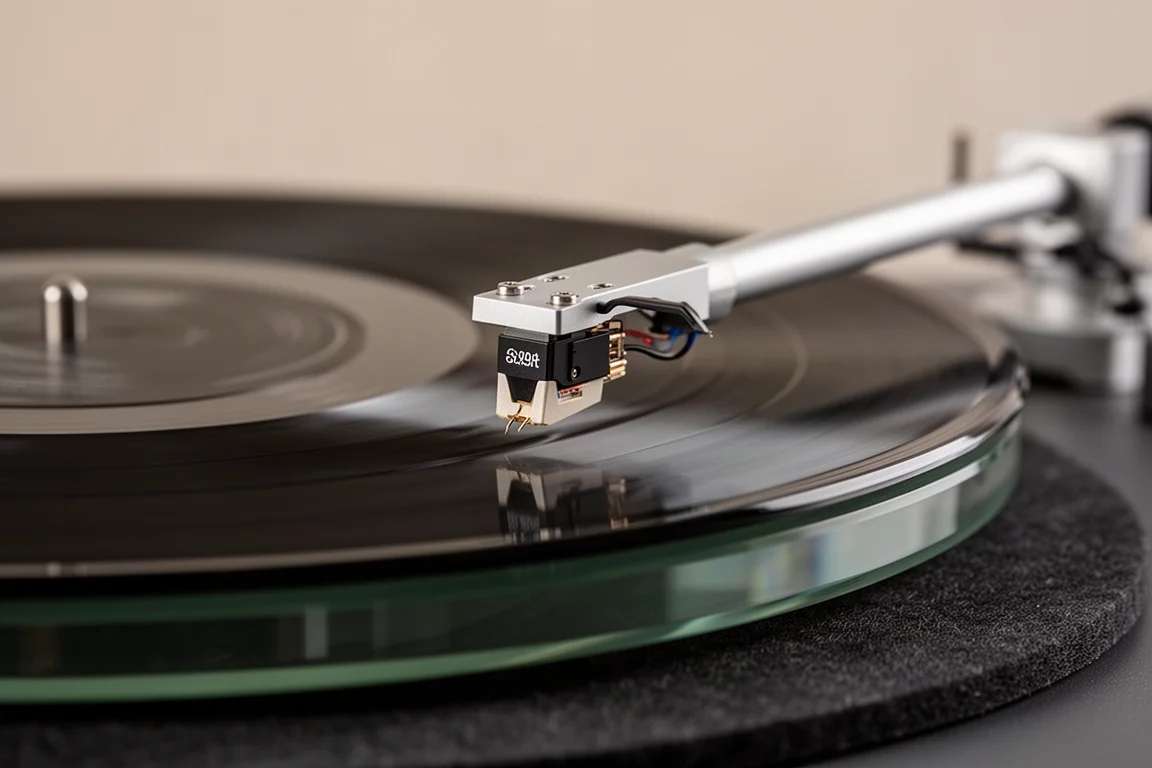 Close-up van een toonarm en element die een groef in een vinylplaat volgen